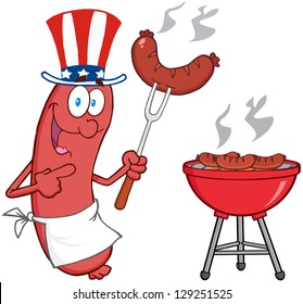 Happy Sausage With American Patriotic Hat Cook At Barbecue