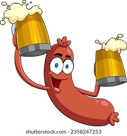 Happy Sausage Cartoon Character Holding Two Mugs Of Beer. Vector Hand Drawn Illustration Isolated On Transparent Background