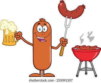 Happy Sausage Cartoon Character Holding A Beer And Weenie Next To BBQ. Vector Illustration Isolated On White