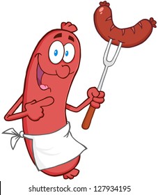 Happy Sausage Cartoon Mascot Character With Sausage On Fork