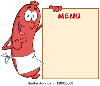 Happy Sausage Cartoon Mascot Character Showing Menu