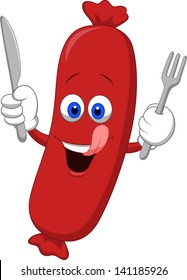 Happy Sausage Cartoon Mascot Character With Fork and Knife