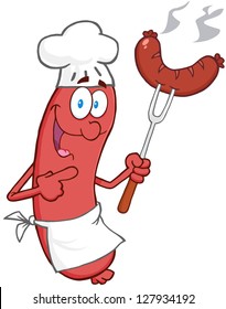 Happy Sausage Chef Cartoon Mascot Character With Sausage On Fork