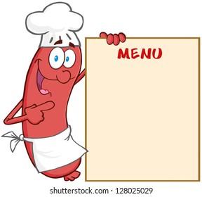 Happy Sausage Chef Cartoon Mascot Character Showing Menu