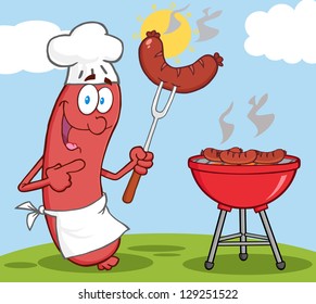 Happy Sausage Chef Cook At Barbecue With Background