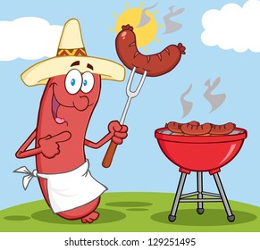 Happy Sausage With Mexican Hat Cook At Barbecue With Background