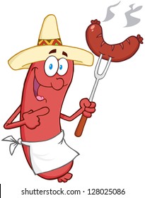 Happy Sausage With Mexican Hat And Sausage On Fork