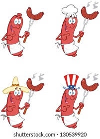 Happy Sausages With Sausage On Fork. Vector Collection