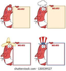 Happy Sausages Showing Menu. Vector Collection