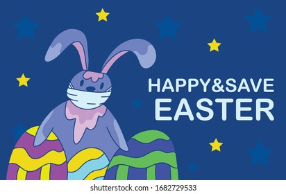 Happy and save Easter. Bunny in medical mask with eggs illustrations . Covid -19. Coronavirus 2019-nCoV. 