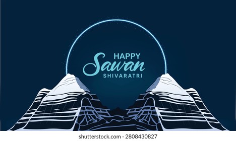 Happy Sawan Shivratri greeting featuring sacred mountains beneath glowing circle with divine serenity vector poster