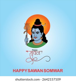 Happy Sawan Somvar Lord Shiva, depicted in a stylized, graphic art style. Shiva's face is blue, with a third eye on his forehead and a crescent moon on his head.