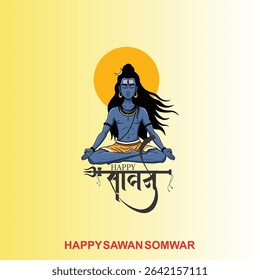 Happy Sawan Somvar Lord Shiva, depicted in a stylized, graphic art style. Shiva's face is blue, with a third eye on his forehead and a crescent moon on his head.