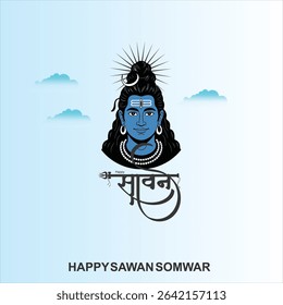 Happy Sawan Somvar Lord Shiva, depicted in a stylized, graphic art style. Shiva's face is blue, with a third eye on his forehead and a crescent moon on his head.