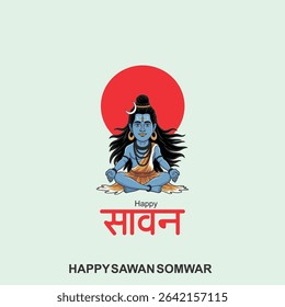 Happy Sawan Somvar Lord Shiva, depicted in a stylized, graphic art style. Shiva's face is blue, with a third eye on his forehead and a crescent moon on his head.