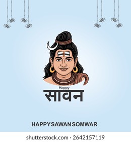 Happy Sawan Somvar Lord Shiva, depicted in a stylized, graphic art style. Shiva's face is blue, with a third eye on his forehead and a crescent moon on his head.