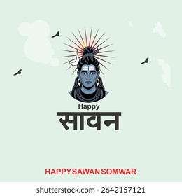 Happy Sawan Somvar Lord Shiva, depicted in a stylized, graphic art style. Shiva's face is blue, with a third eye on his forehead and a crescent moon on his head.