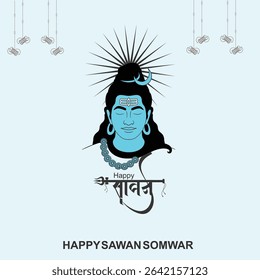 Happy Sawan Somvar Lord Shiva, depicted in a stylized, graphic art style. Shiva's face is blue, with a third eye on his forehead and a crescent moon on his head.