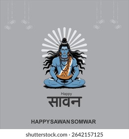 Happy Sawan Somvar Lord Shiva, depicted in a stylized, graphic art style. Shiva's face is blue, with a third eye on his forehead and a crescent moon on his head.