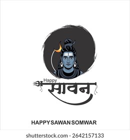 Happy Sawan Somvar Lord Shiva, depicted in a stylized, graphic art style. Shiva's face is blue, with a third eye on his forehead and a crescent moon on his head.