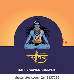 Happy Sawan Somvar Lord Shiva, depicted in a stylized, graphic art style. Shiva's face is blue, with a third eye on his forehead and a crescent moon on his head.