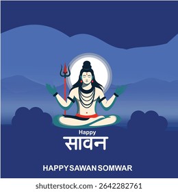 Happy Sawan Somvar Lord Shiva, depicted in a stylized, graphic art style. Shiva's face is blue, with a third eye on his forehead and a crescent moon on his head.