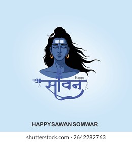 Happy Sawan Somvar Lord Shiva, depicted in a stylized, graphic art style. Shiva's face is blue, with a third eye on his forehead and a crescent moon on his head.