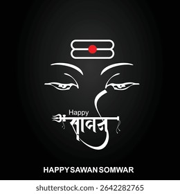 Happy Sawan Somvar Lord Shiva, depicted in a stylized, graphic art style. Shiva's face is blue, with a third eye on his forehead and a crescent moon on his head.