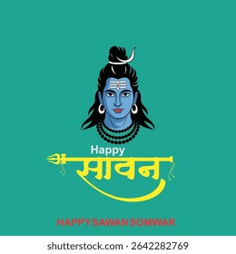 Happy Sawan Somvar Lord Shiva, depicted in a stylized, graphic art style. Shiva's face is blue, with a third eye on his forehead and a crescent moon on his head.