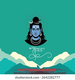 Happy Sawan Somvar Lord Shiva, depicted in a stylized, graphic art style. Shiva's face is blue, with a third eye on his forehead and a crescent moon on his head.