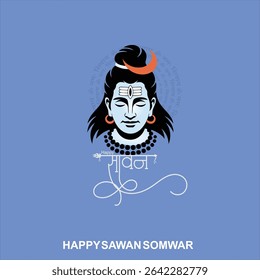 Happy Sawan Somvar Lord Shiva, depicted in a stylized, graphic art style. Shiva's face is blue, with a third eye on his forehead and a crescent moon on his head.