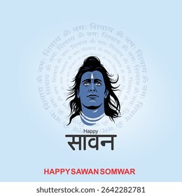 Happy Sawan Somvar Lord Shiva, depicted in a stylized, graphic art style. Shiva's face is blue, with a third eye on his forehead and a crescent moon on his head.