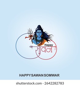 Happy Sawan Somvar Lord Shiva, depicted in a stylized, graphic art style. Shiva's face is blue, with a third eye on his forehead and a crescent moon on his head.