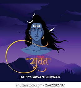 Happy Sawan Somvar Lord Shiva, depicted in a stylized, graphic art style. Shiva's face is blue, with a third eye on his forehead and a crescent moon on his head.