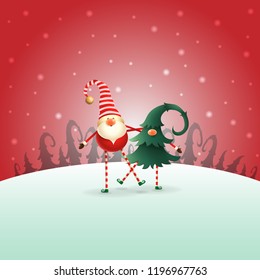 Happy Scandinavian Gnomes friends playing and dancing on red winter night landscape