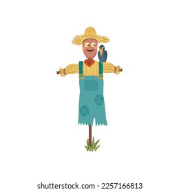 Happy scarecrow with bird vector illustration. Cartoon drawing of farm character on white background. Farming, autumn, harvest, Thanksgiving concept