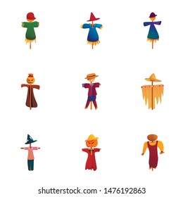 Happy scarecrow icon set. Cartoon set of 9 happy scarecrow vector icons for web design isolated on white background