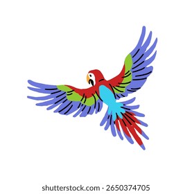 Happy scarlet macaw is flying in the air. Cute tropical parrot, ara flies in jungle. Funny exotic bird with colourful feathers, rainforest animal. Flat hand drawn isolated vector illustration on white