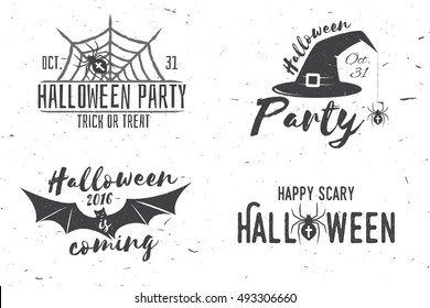 Happy scary Halloween party concept. Vector Halloween retro badge. Concept for shirt or logo, print, seal, stamp. Spider, bat, hat and web. Typography Halloween party design- stock vector.