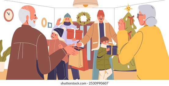 Happy Scene Of Young Adults And Children Visiting Their Elderly Parents For Christmas. Cartoon Family Exchanges Gifts