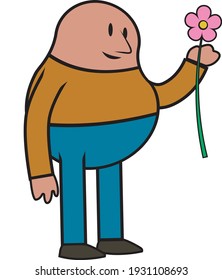 a happy schematic man cartoon getting a flower in his hand to gift someone. vector illustration