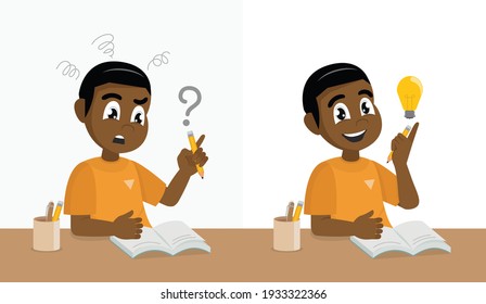 Happy School African boy having trouble with his homework and  hard think