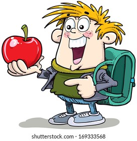 Happy school boy with apple.