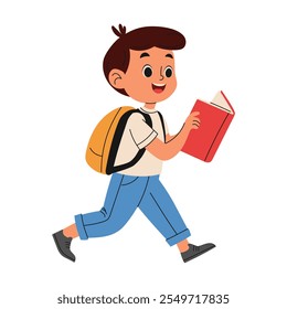 Happy school boy with school backpack reading book and go to school. Education concept. Hand drawn illustration.