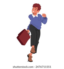 Happy School Boy In A Blue Sweater Jumping With A Briefcase In Hand. Cartoon Vector Illustration Conveys A Sense Of Joy, Success, And Enthusiasm. Student Character Running To School With Cheerful Face