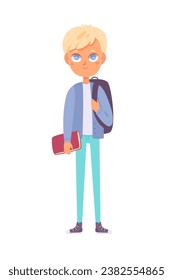 Happy school boy with book and backpack vector illustration. Cartoon young student male character isolated on white background. Back to school, education, college, university, science concept.