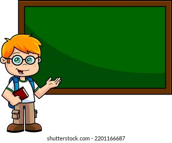 Happy School Boy Cartoon Character With Textbooks Pointing To Green Chalk Board. Vector Hand Drawn Illustration Isolated On Transparent Background