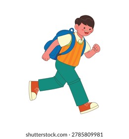 Happy school boy character with backpack and coiffure running late. Cute male student posing for back to school education concept, cartoon illustration.