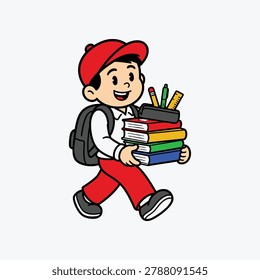 Happy school boy character with a backpack walks cheerfully while holding a pile of colorful educational books and a pencil case filled with essential school supplies