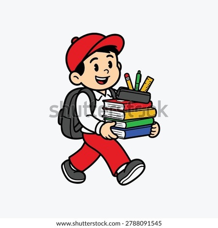 Happy school boy character with a backpack walks cheerfully while holding a pile of colorful educational books and a pencil case filled with essential school supplies